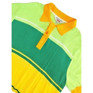 Retro‎ Fox Knit Polo Shirt Men's XL Green Yellow Colorblock 100% Cotton